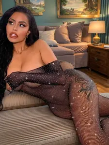 [ANDAREY] Black Sexy Lingerie, High Elasticity Jumpsuit, Decorated With Shiny Diamonds, Showcasing High-End Sexy Charm. Long Sleeve Jumpsuit, Crotchless Design, Transparent Fishnet, Low-Cut Backless, Paired With Stockings