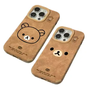 Rilakkuma Kuma for Bear Luxury Brown Leather TPU Ins Cute Phone Cases for IPhone 17 16 15 14 13 12 11 X/XS Promax Pro Air Plus Shockproof Cover Protection Gifts for Christmas Halloween Birthday