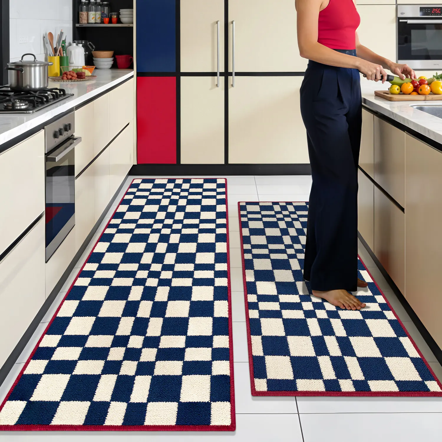 Hicorfe checkered grid checkerboard kitchen rugs, set of 2 non-slip kitchen mats for floors, washable kitchen runner rugs/carpets for hallways, entryway, laundry room apartment accessory indoor soft low pile area rug home decoration modern minimalist =