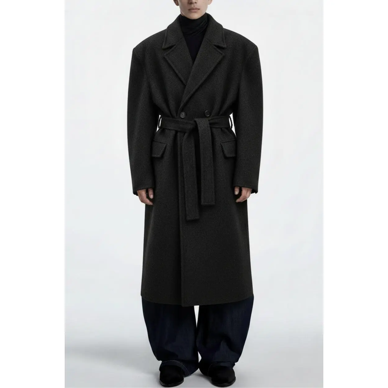 Charcoal Grey Belted Tailored Overcoat