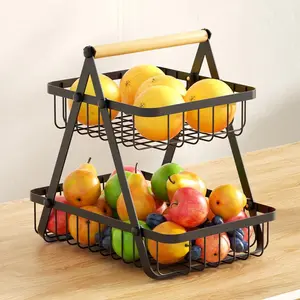 Fruit Basket, 1 Count Metal Wire Net Storage Basket with Wooden Handle, Food Stand Holder for Fruit Bread Snack Veggies, Kitchen Accessories, Vegetable Storage Basket, Summer for Gift, Kitchen Gadgets, Food Storage Organizer, Countertop Fruit Basket