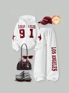 Women's Two-Piece Sweatpants Set, Hooded Pullover Sweater, Casual Fashion, Youthful Style, All Seasons, Fitted, Plain Pattern