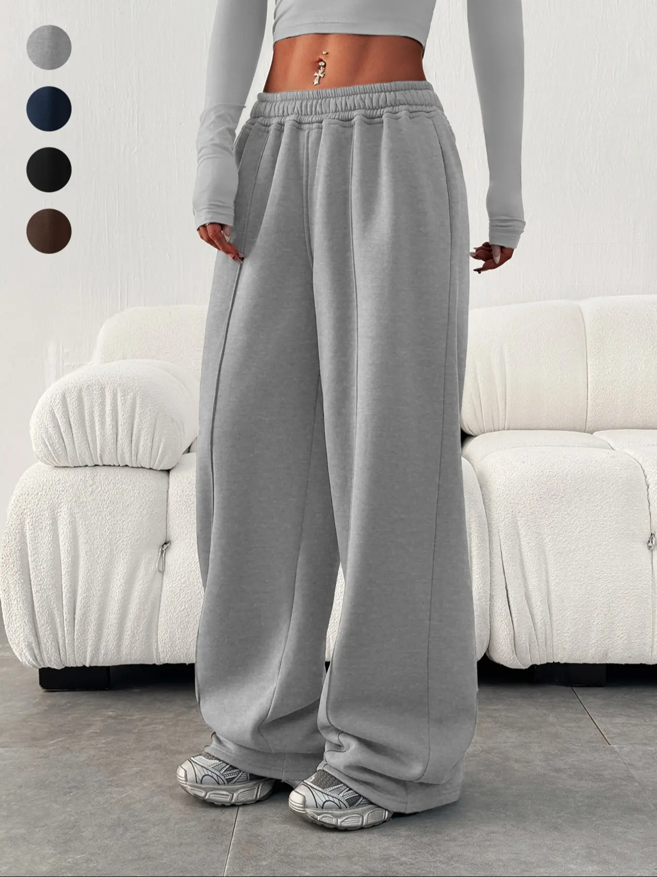 Women's Solid Color High Waist Wide-Leg Lounge Pants, Minimalist Style Casual Elastic Waisted Baggy Trousers for Fall & Winter, Soft & Comfy Fabric Relaxed Fit Daily Wear, Streetwear, Homewear, Casual Fashion Pants, Casual Loose Pants, Athleisure Bottoms