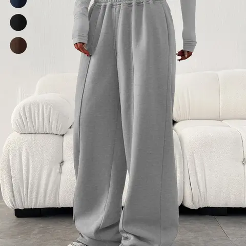 Women's Solid Color High Waist Wide-Leg Lounge Pants, Minimalist Style Casual Elastic Waisted Baggy Trousers for Fall & Winter, Soft & Comfy Fabric Relaxed Fit Daily Wear, Streetwear, Homewear, Casual Fashion Pants, Casual Loose Pants, Athleisure Bottoms