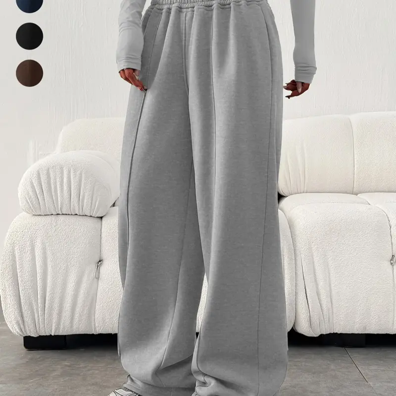 Women's Solid Color High Waist Wide-Leg Lounge Pants, Minimalist Style Casual Elastic Waisted Baggy Trousers for Fall & Winter, Soft & Comfy Fabric Relaxed Fit Daily Wear, Streetwear, Homewear, Casual Fashion Pants, Casual Loose Pants, Athleisure Bottoms