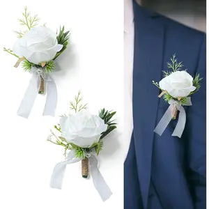 2pcs White Rose Boutonniere for Men Artificial Rose Flower for Wedding Flowers Ceremony Prom Flower