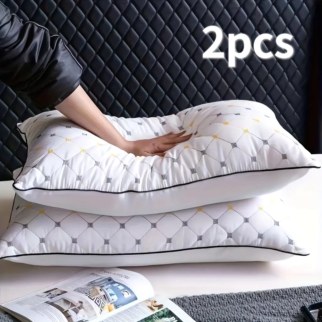 1/2pc Luxury Hotel Quilted Woven Fabric Microfibre Pillows - 2pc/White Option, High-Quality, Hand Wash Only, Machine Washable, Yellow Accents, Ideal for Side Sleepers, Christmas Gift