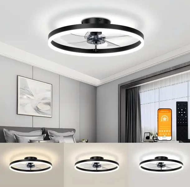 Summer Wins Low Profile Ceiling Fans with Light and Remote, 15.7 Inch Flush Mount Bladeless Fandelier, 3000K-6500K Stepless Dimmable LED, 6 Adjustable Wind Speeds Reversible Operation, Modern Circular Fan Light for Bedroom Kids Room Living Room