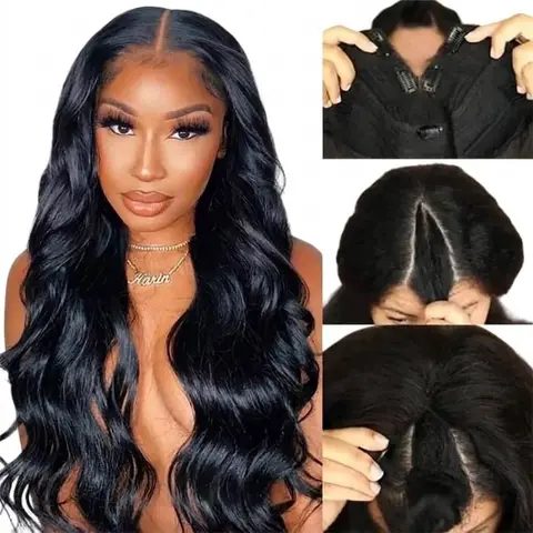 V Part Human Hair Wig Full Head U Shape Clip in Wigs Upart Wig Human Hair Body Wave Half Wig Human Hair Glueless Upgrade No Leave Out No Sew In Natural Black 180 Density Heat Resistant Unprocessed Virgin Brazilian Hair extensions Beginner Friendly