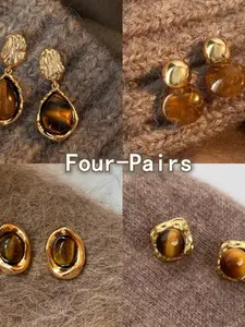 Women's Vintage Amber Color Earrings Set, Retro Design Lightweight Jewelry Accessories, Elegant Ear Studs for Daily Wear & Special Occasions
