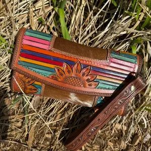 Handcrafted Leather Wallet with Vibrant Rainbow Stripes and Sunflower Embroidery for Women