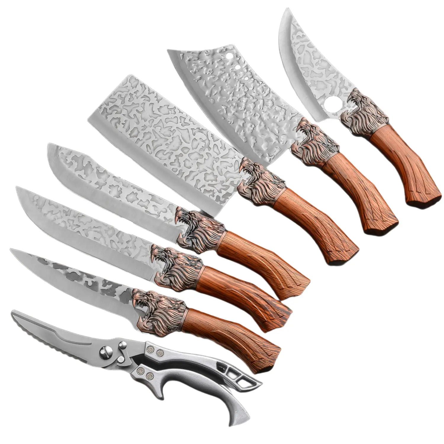 7-Piece Thick Stainless Steel Chef Knife Set - Creative Lion Design Kitchenware Knives with Sharp Blades, Ergonomic Plastic Handles for Cutting, Chopping, Chinese Cooking Tasks, Cut, Multi-Size