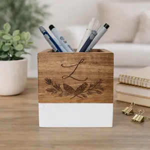 Personalized Initial Gift – Engraved Marble & Wood Pencil Holder