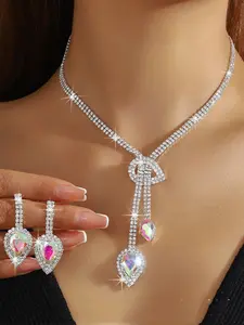 Women's Crystal Jewelry Set, Sapphire Blue Silver Color Water Drop Necklace Earrings, Wedding Party Festival Wear