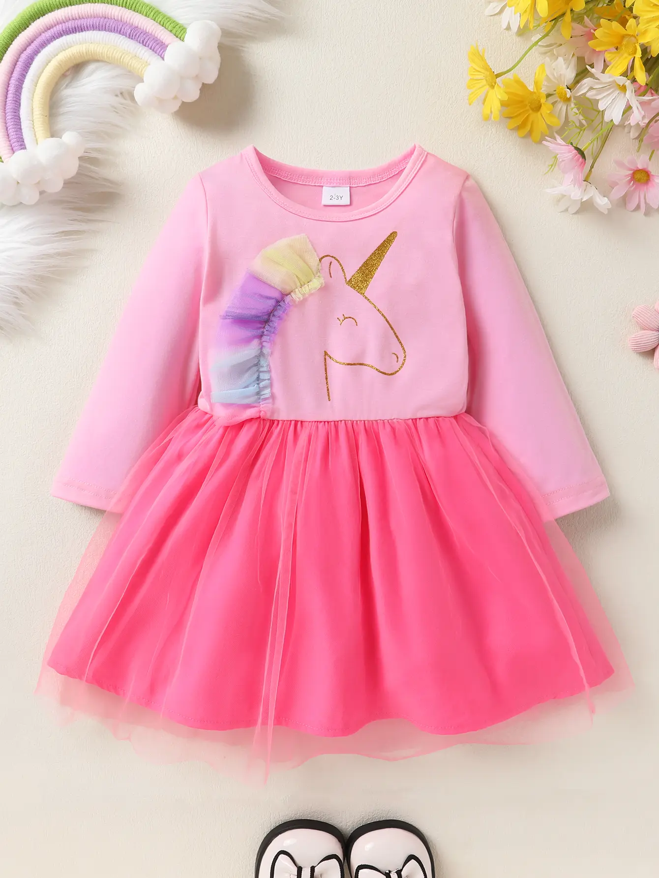 Girls' Unicorn Party Dress with a Gradient Print and Patchwork Mesh Hem, Sweet Casual Wear for Toddlers, Toddler Party Dress, Unicorn Theme Casual Dresses