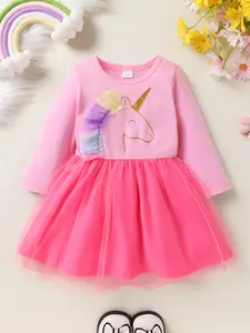 Little Girl Elegant, Sweet And Cute Unicorn Horse Head Gradient Color Printed Patchwork Mesh Hem Dress Suitable For Casual Daily Unicorn Parties