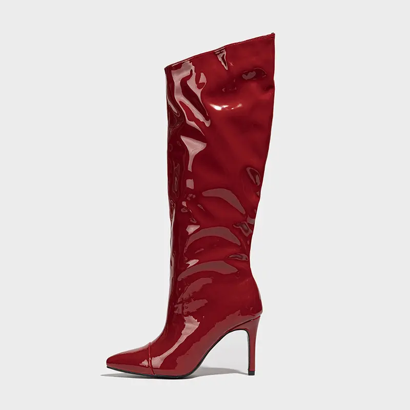 Women's Patent Leather Knee High Boots Slouchy Pointed Toe 3.4 Inch Stiletto Heel Sexy Ruched Tall Dress Shoes Fall Winter Party Clubwear Date Night