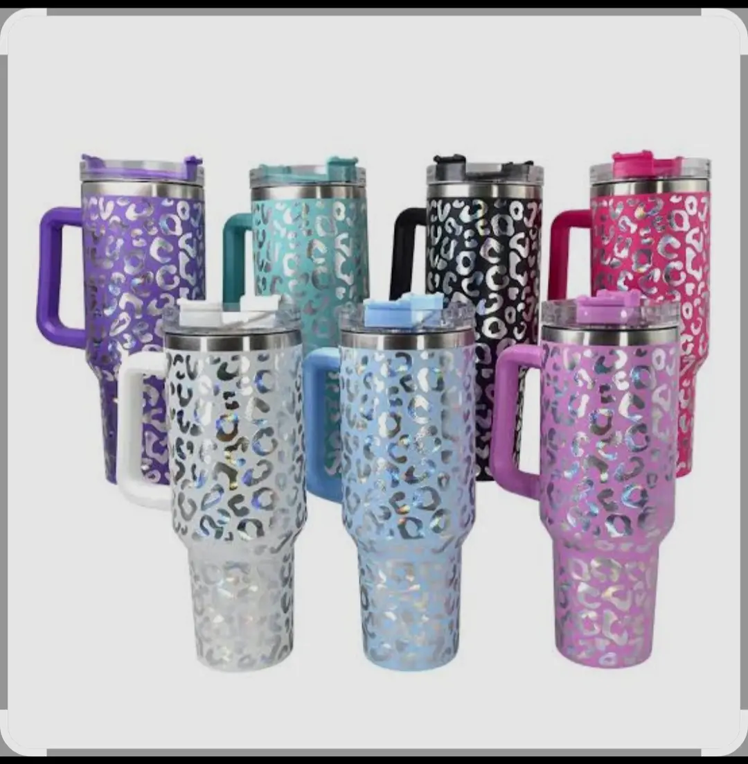 Leopard 40 oz Insulated Cup with Detachable Handle & Plastic Straw Leak-Proof Mix-Color Design for Hot & Cold Drinks Stylish Leopard Pattern