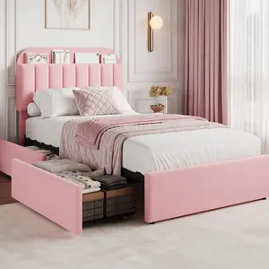 Cozy Upholstered Platform Bed for Boys, Multifunctional Design with Built-In Bookcase Headboard and 2 Practical Flexible Underbed Drawers, Stable Noise-Free Structure, Effortless Assembly No Box Spring Needed