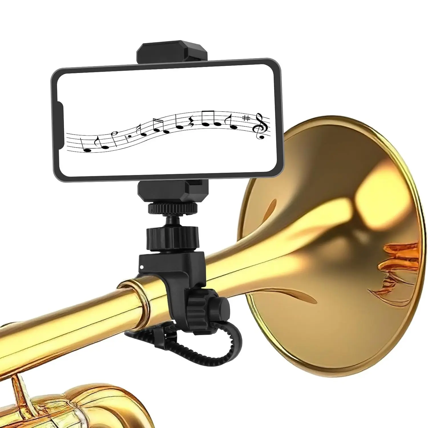 Adjustable trumpet phone sheet music holder, 360° rotating music clip, phone stand for military band trumpet or cornet, Adjustable Cellphone Holder, Rotating Phone Clamp, Cell Phone Mount