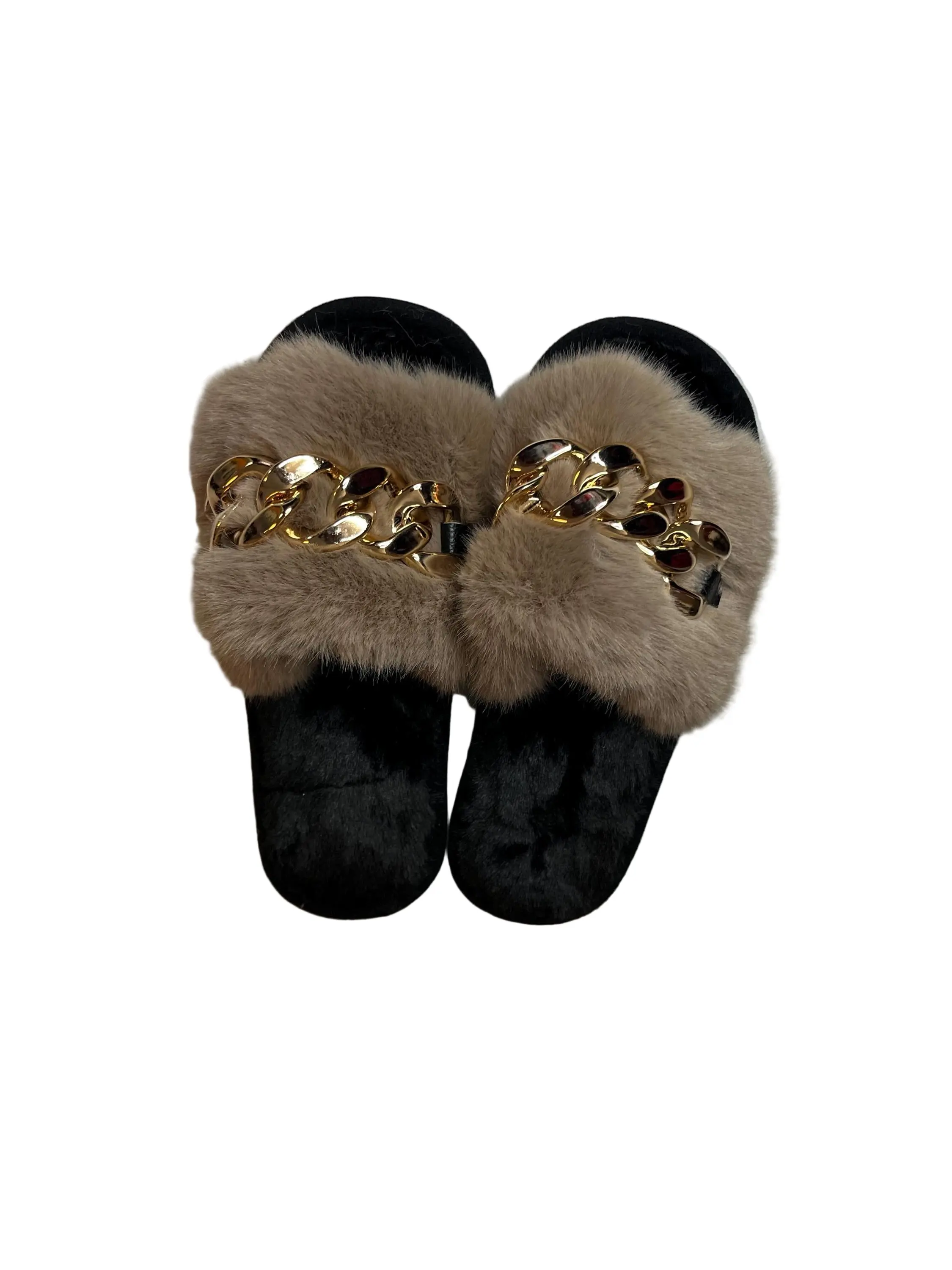 Fur Slides Gold Chain Sandals