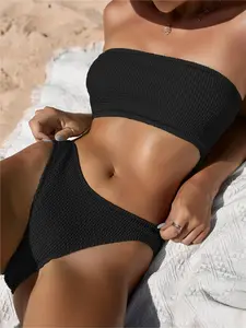 Two-Piece Set Women's Plain Textured Bandeau Swim Top & High Cut Swim Bottom Set, Strapless Sleeveless Swimwear Set, Ladies Summer Swimsuit, Bandeau Bathing Suits