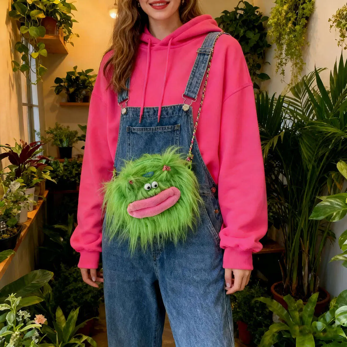 Women's Cute Green Fluffy Monster Premium Polyester Crossbody Bag - Adjustable Shoulder Strap, New Arrival, Affordable, for Holiday, Party, Carnival Functional Shopping Bag