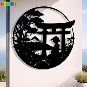 1pc Minimalist Torii Gate with Girl Silhouette Metal Wall Art, Minimalist Torii Gate with Girl Silhouette Statue Mural, Iron Craft, Perfect for Living Room, Lounge, Outdoor Space Decor, Silhouette Wall Decor, New Year Decor, Ideal Gift for Nature Lovers