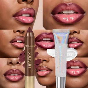 2PCS Velvet Texture Lip Makeup Set - Includes Lip Liner and Lip Gloss, Moisturizing Semi-matte Finish, Waterproof and Long-lasting Effect, Red, Brown, Light and Non-sticky, Creates Three-dimensional and Full Lips, Perfect Holiday Gift for Girls