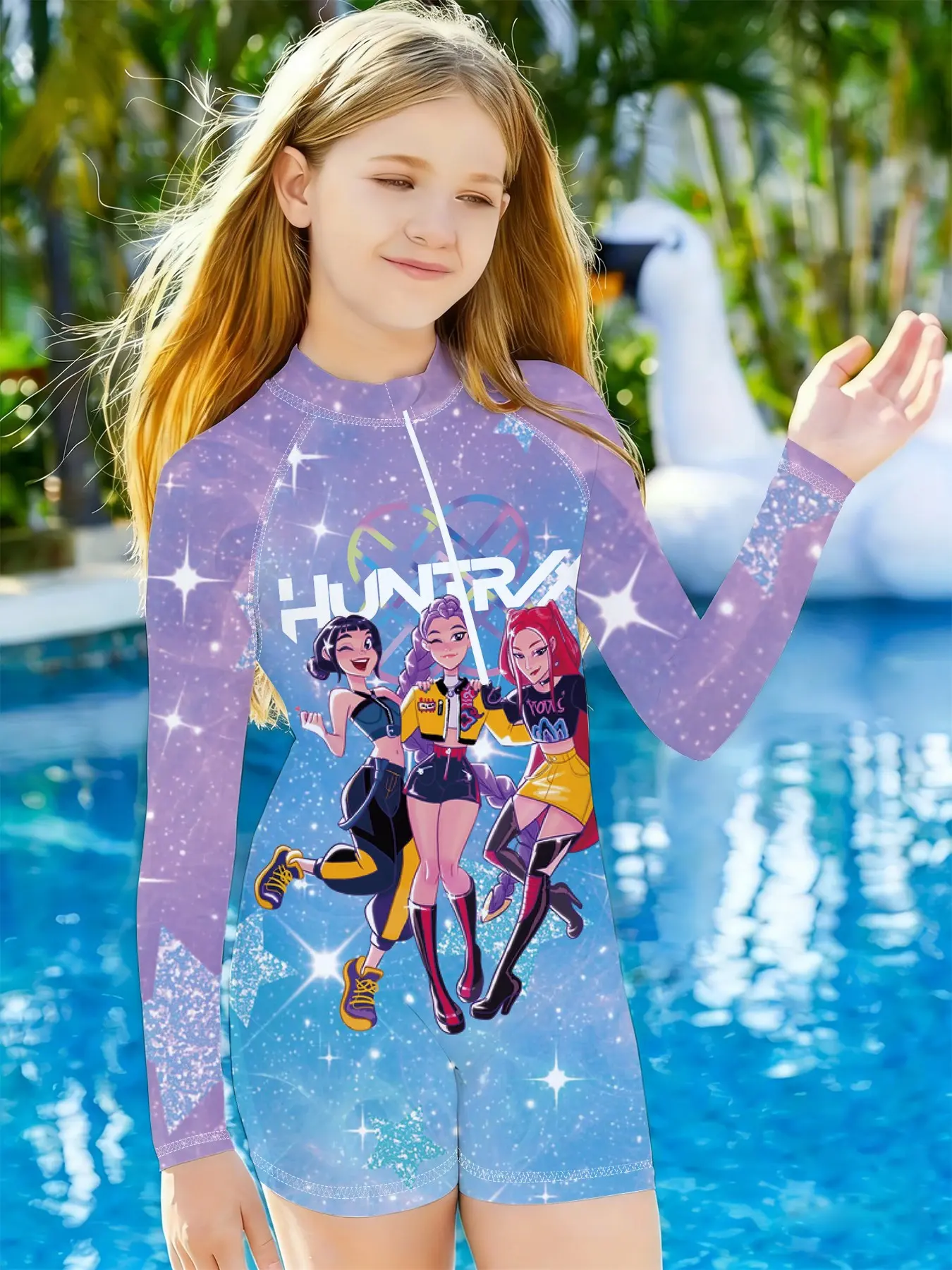 Girls' One-Piece Swimsuit, Blue Starlight Dynamic Girl Group Print, Beach Pool Quick-Dry Sun Protection Long Sleeve Sportswear, Swimwear, All Over Print, Sporty Look, Swimwear Bathing Suit, Quick Drying Swimsuit