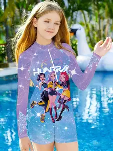 Girls' One-Piece Swimsuit, Blue Starlight Dynamic Girl Group Print, Beach Pool Quick-Dry Sun Protection Long Sleeve Sportswear, Swimwear, All Over Print, Sporty Look