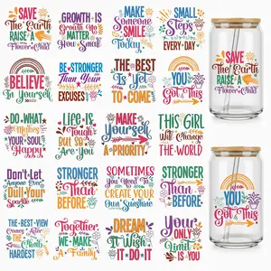 20pcs UV DTF Cup Wrap Bundle for 16oz Libbey Glass Can, Waterproof Rub on Transfers, Christian Cross, Inspirational Motivational Quotes, DIY Tumblers, Sticker Packs