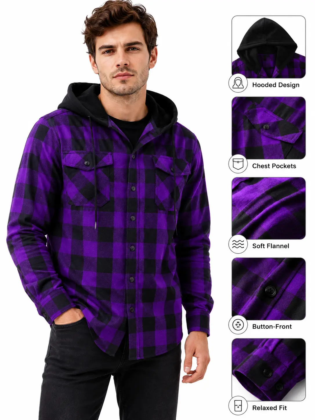 Men's Long Sleeve Plaid Flannel Tops, Oversized Hooded Shirt Jacket for Casual Fall Golf and Streetwear, Fabric, Menswear, Athletic, Checked, Quick-Dry, Fashion, Woven, Sporty Chic