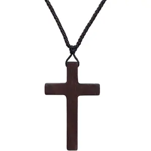 Walnut Wooden Cross Pendant Necklace  Rearview Mirror Adjustable Leather Cord for Men Women Prayer  Religious