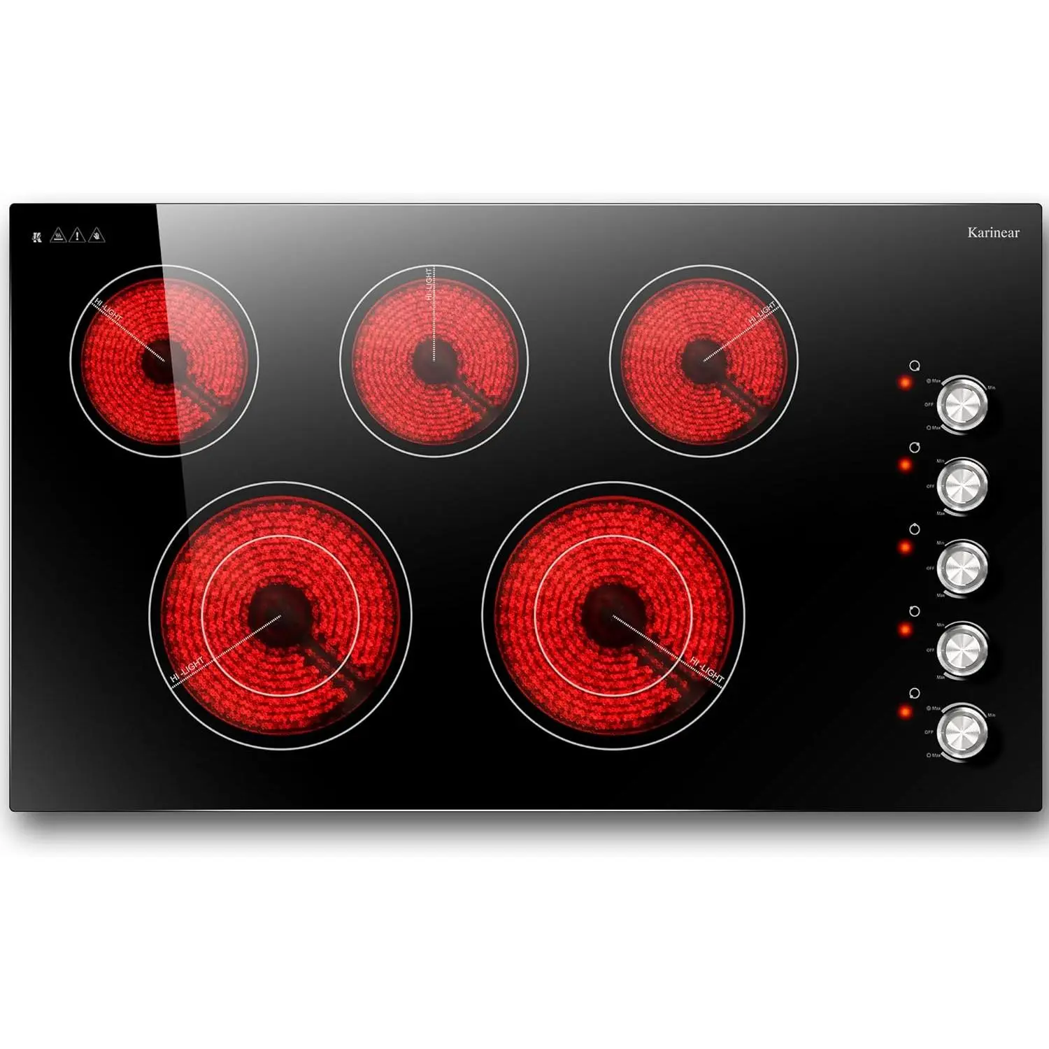 Karinear 36" Electric Cooktop 5 Burners,  8400W Knob Control Electric Stove Top, 9 Power Levels, Residual Heat Indicator, 8400W, 40A, 240V Hardwire kitchen cooking appliance infrared