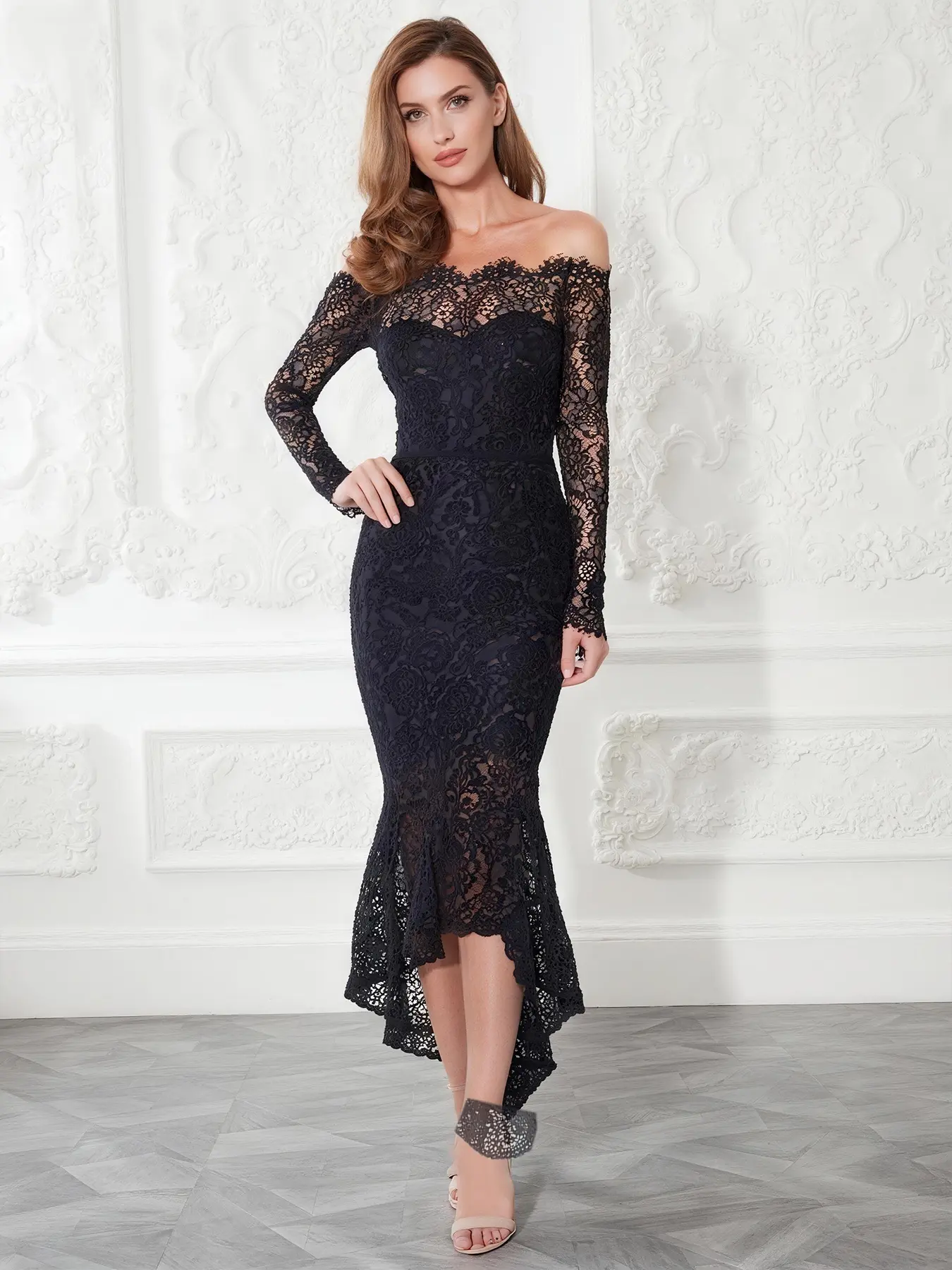 princess polly baby blue dress MISSGUIDED Elegant Off-Shoulder Lace Long Sleeve Black Mermaid Maxi Dress ｜MISSGUIDED main image 1