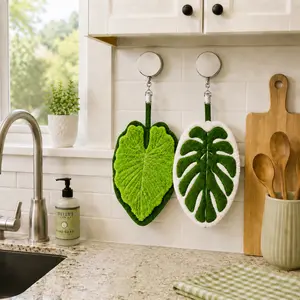 Retractable Plant Hand Towel Set with Heavy Duty Metal Clip, No-Drop Auto-Retracting Hanging Towel Holder, Super Absorbent Monstera Leaf Washcloth, No-Drill Adhesive Cute Home Decor for Kitchen Island, Bathroom & RV