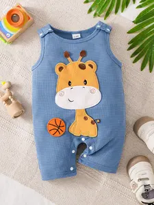 Baby Boys Girls Summer Sleeveless Giraffe Onesie, Cute Blue Basketball Patch, Soft Comfort Crawling Suit, Unisex Infant Romper