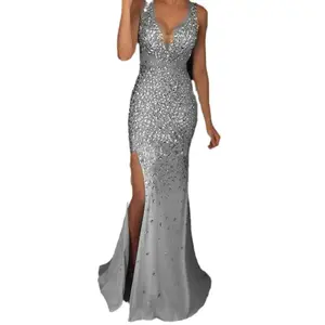 2025 European and American Women's Fashion Long Dress Strap V-neck Split Sequin Dress