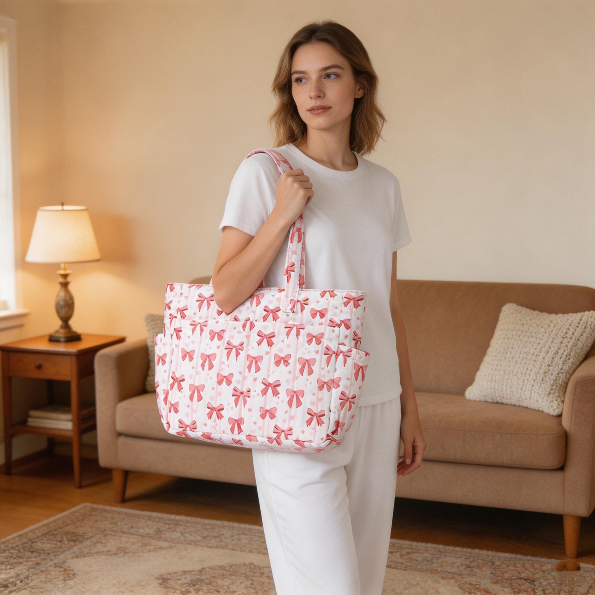 Women's Coquette Quilted Tote Bag Large Capacity Bow Print Shoulder Bag, Cute Multi-Pocket Aesthetic Handbag for Women Teen Girls, Pink Black Casual Tote for School Work Daily Travel Shopping, Perfect Gift for Her toad purse