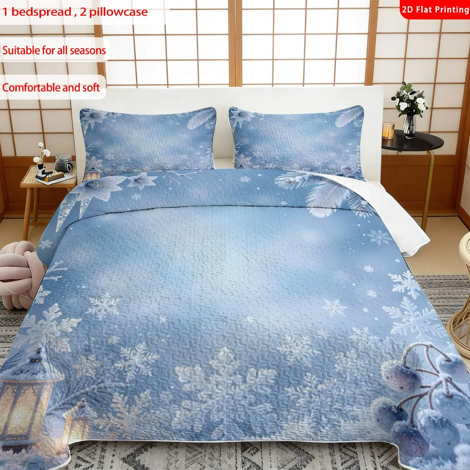 3pcs, 2D Flat Print Winter Snowflake Pattern Quilted Bedspread Set, Multiple Sizes Available, Bedding Set, Festive Decorative Bedding, Ideal for Bedroom Décor(1 bedspread , 2 pillowcase)
