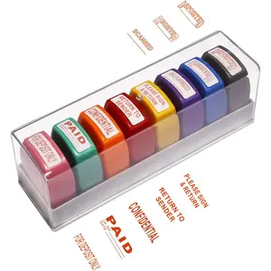 Office Stamps Set 8-Pack Self-Inking Business Stamp for Office Document Reply Quick Work Info Handling Stamp with Storage Tray