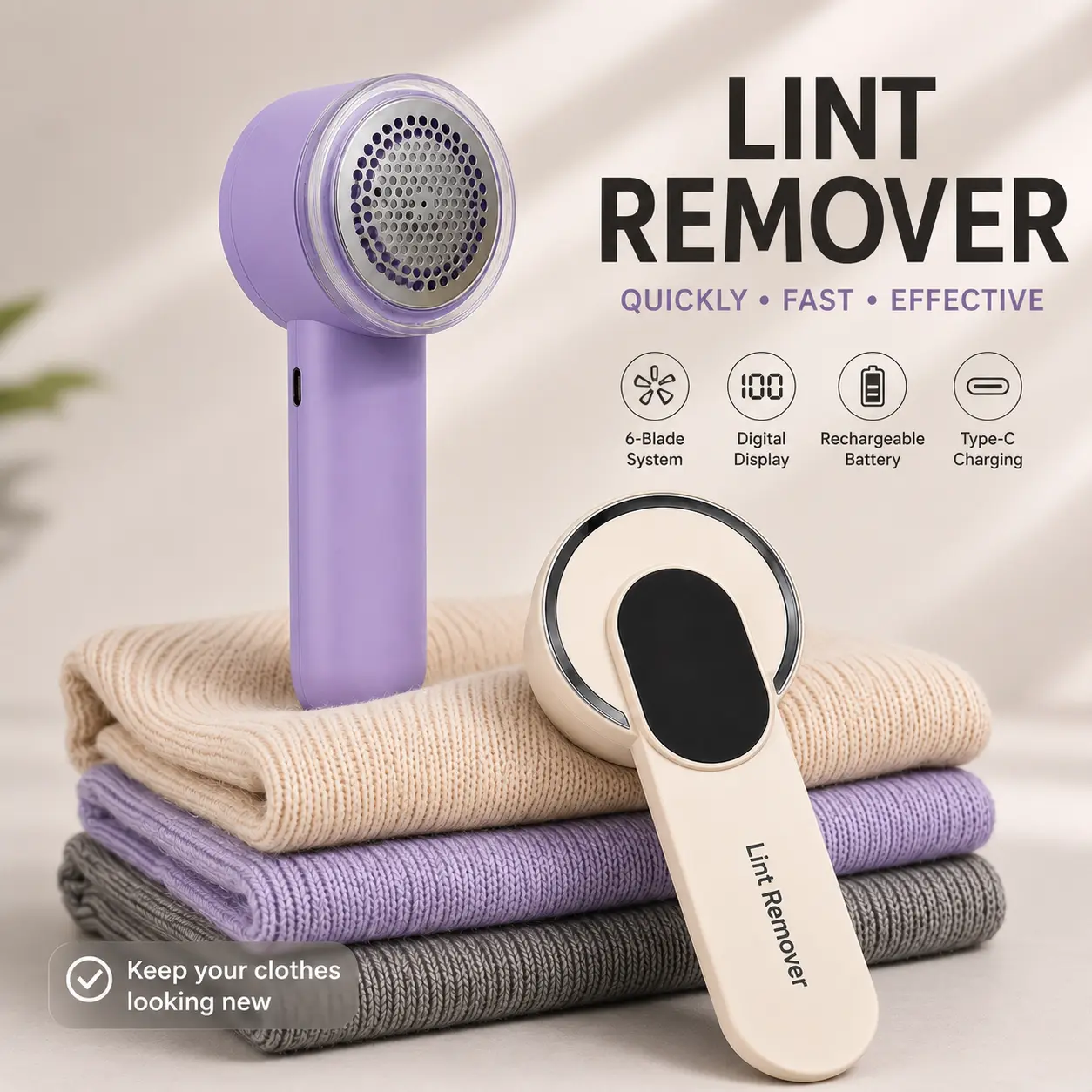 Electric Fabric Shaver Lint Remover – Rechargeable Clothes Defuzzer with 6 Sharp Blades for Sweaters, Sofas & Blankets Lint Cleaner