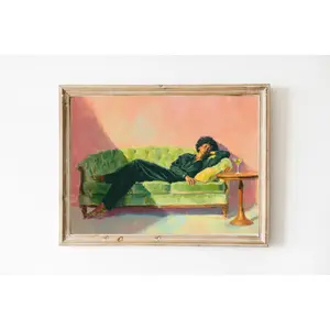 [SALE UP TO 50]Woman on Couch with Martini | Soft Tonal Oil Painting | Cocktail Art Bar Cart Decor | Aesthetic Oil Painting Gift | Trendy Kitchen Wall