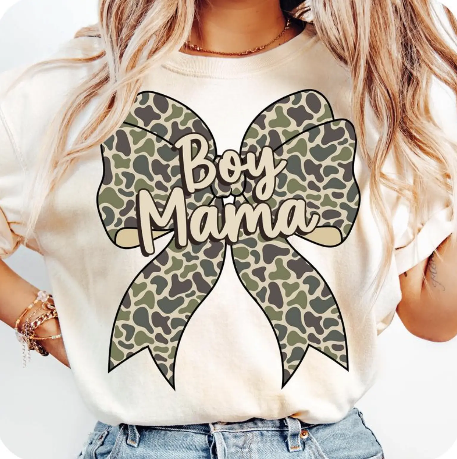 Boy Mama Camo Coquette Bow  T-Shirt Unisex Cotton for Women, Boy Mama Tshirt, Camo Coquette Tee, Mom of Boys Tee, Gift for Women, for Mom, Mother's Day Gift, Mother's Day, Full Size, Full Color