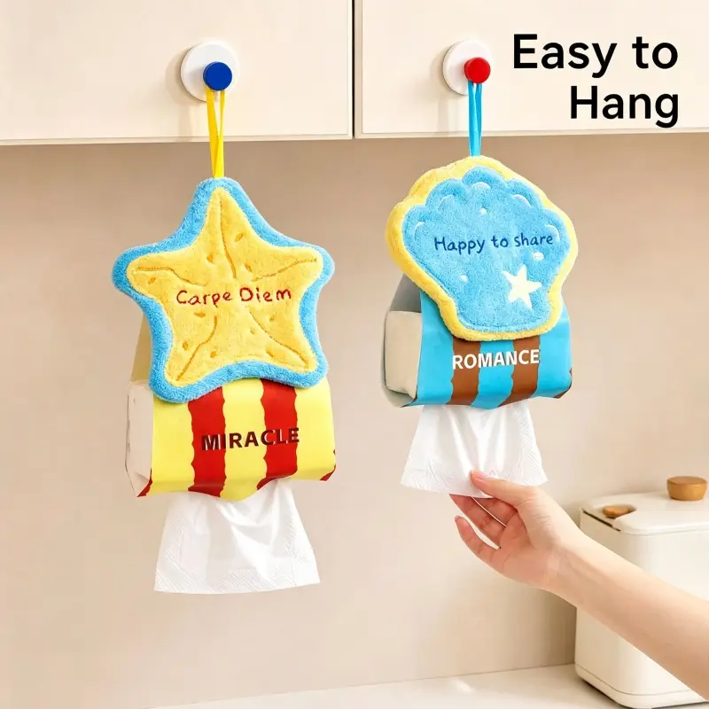 Cartoon Hanging Tissue Box with Hook - Wall-Mount Dispenser, Cute Starfish & Shell Design, Dopamine Aesthetic Home Goods Holder, Dual-Use Organizer for Bathroom, Kitchen Decor