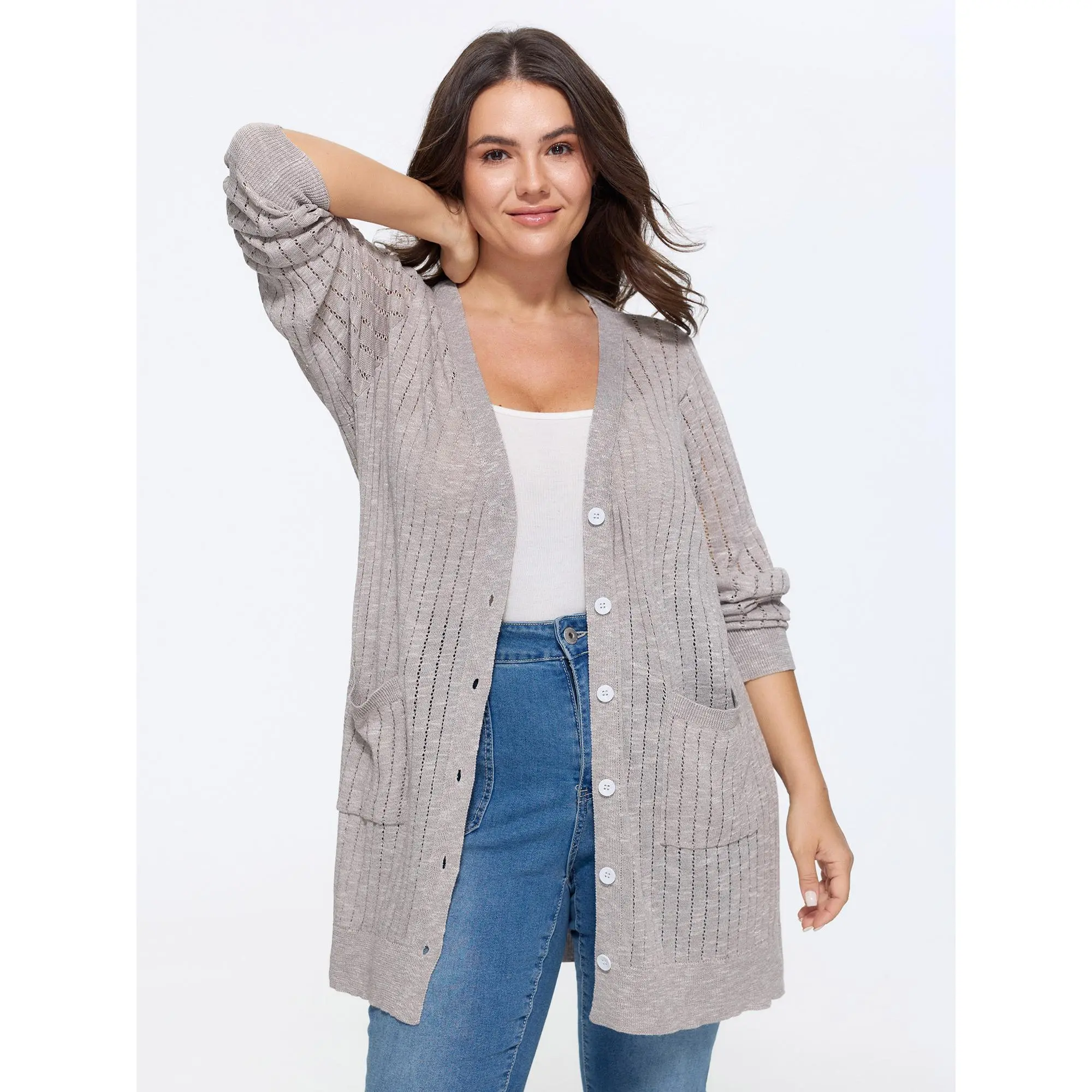 BloomChic Plus Size Heathered Vertical Openwork Cardigan, Lightweight Long Sleeve Button-Front Rayon Blend Knit Tunic, Fabric, Garment, Knitwear, Fit, Pocket