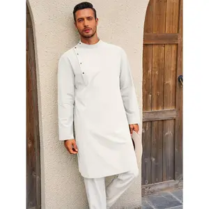 Men'S Kaftan Thobe Robe Long Sleeve Henley Collar Shirt Casual Muslim Gown Salwar Kurta Tops