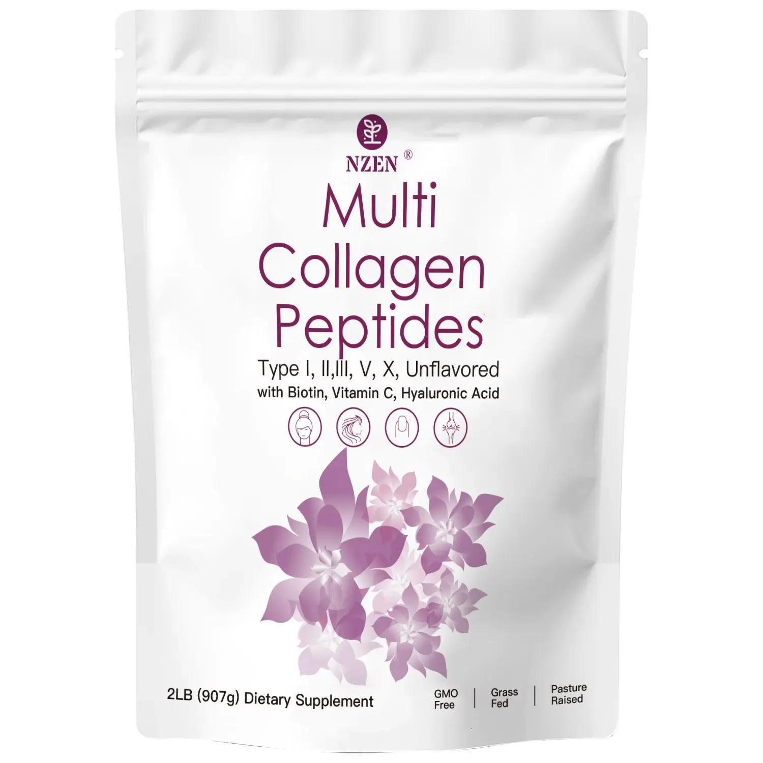 NZEN Multi Collagen Peptides Powder, 2lb | Type I, II, III, V, X + Biotin, Vitamin C & Hyaluronic Acid | Unflavored | Supports Hair, Skin & Joint Health | Keto, Non-GMO collagen peptide nutr fol Protein Powder with Biotin Beauty Fitness