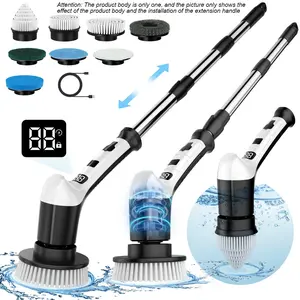 Electric Spin Scrubber, Cordless Cleaning Brush Scrubber with 3 Speeds & LCD Display, 8 Replaceable Brush Heads, Adjustable Extension Handle, Cordless Shower Cleaner Brush for Bathtub Kitchen Wall Cleaning